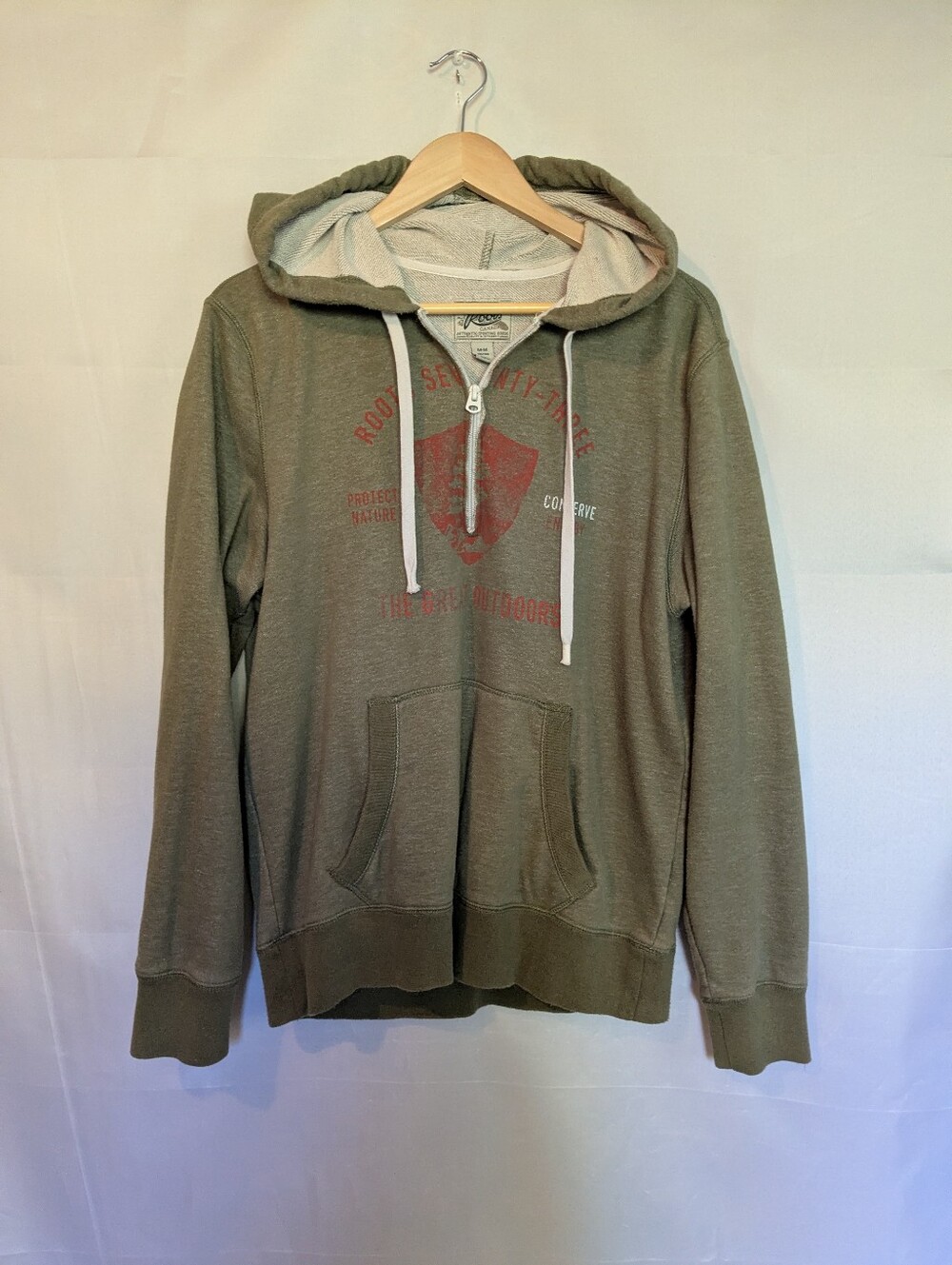 Roots Protect Nature Graphic Half Zip Hoodie Sweatshirt Green Cotton Terry M